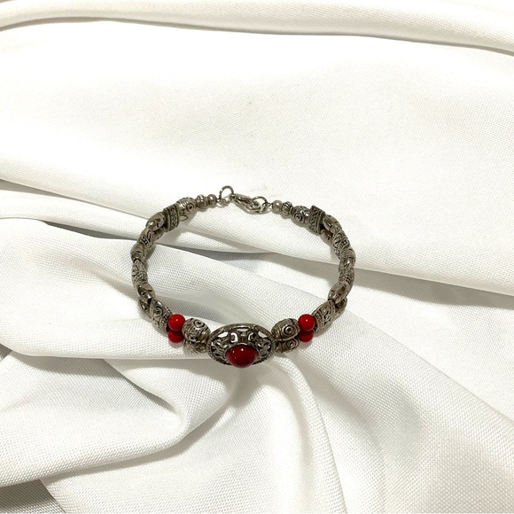 Tibertan Silver-Tone Red Beads & Cabochon Bracelet - Picture 2 of 5